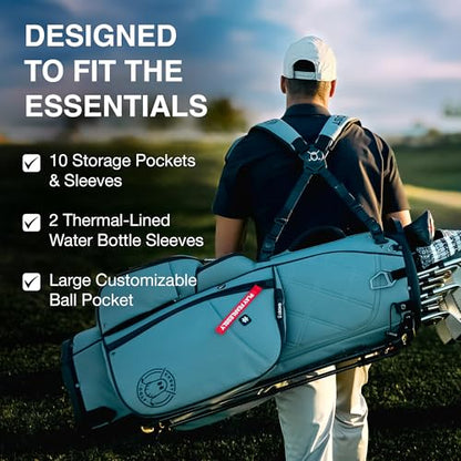 Man carrying a golf bag with features highlighted on a golf course