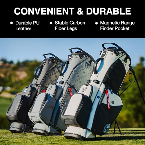 Golf bags on a golf course with text highlighting features