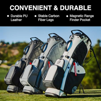 Golf bags on a golf course with text highlighting features
