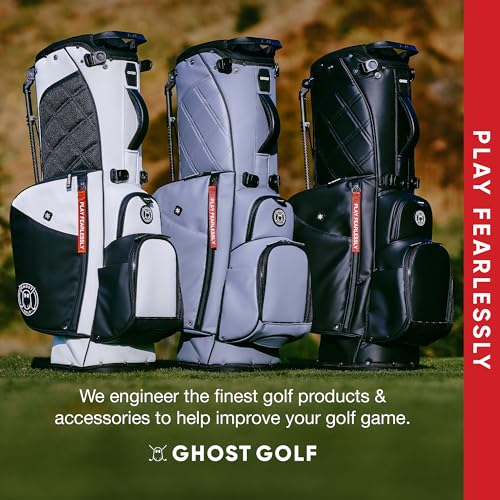 Three golf bags in black, white, and gray on a grassy background with Ghost Golf branding.