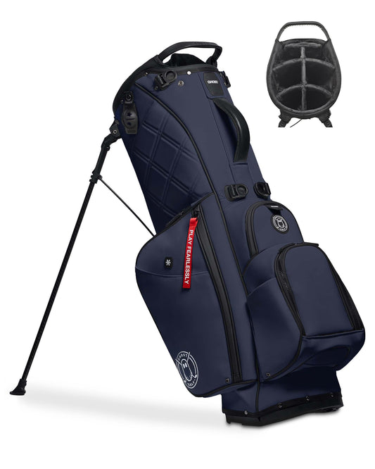 Navy golf bag with stand and club head cover on a white background