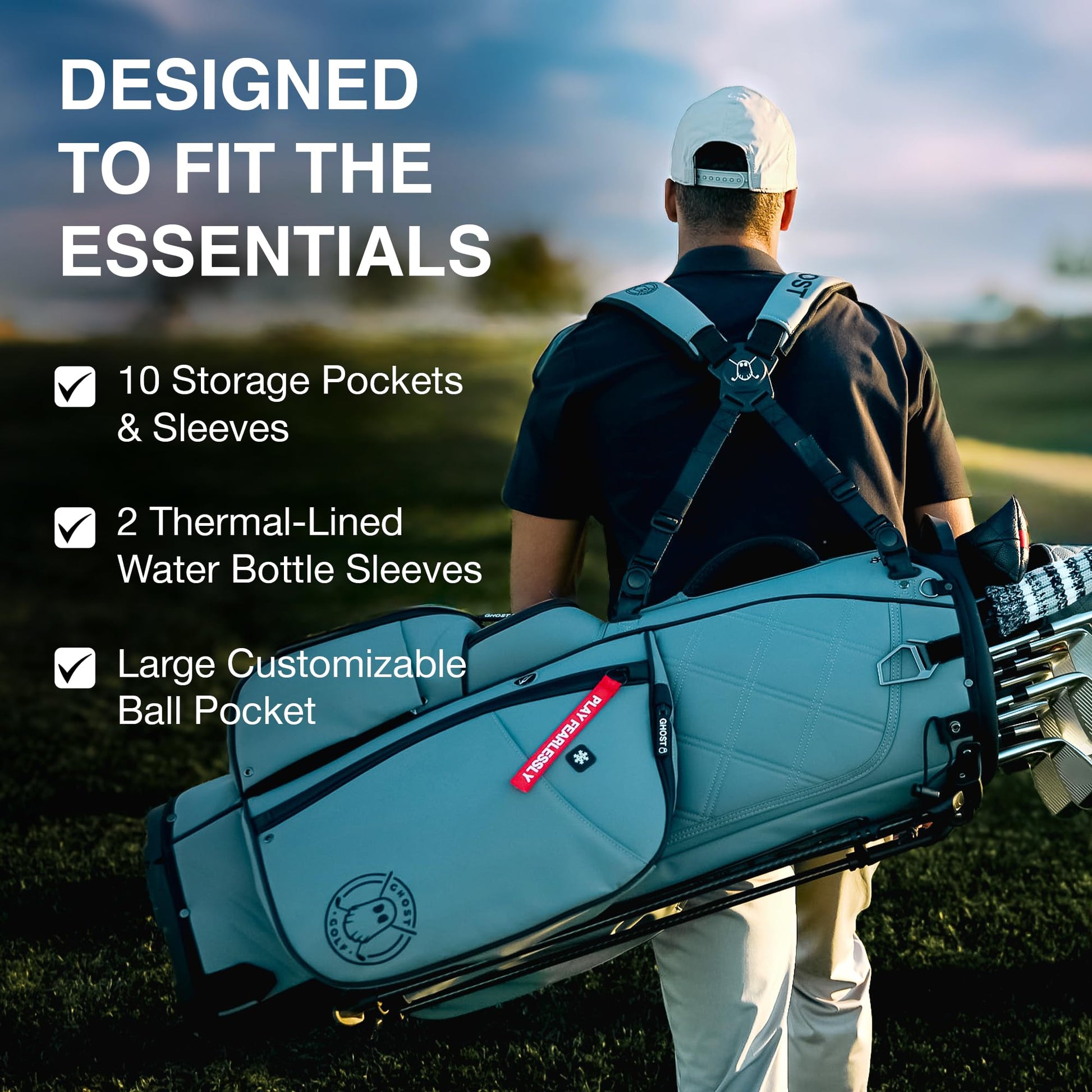 Golfer carrying a golf bag with features highlighted on a golf course.