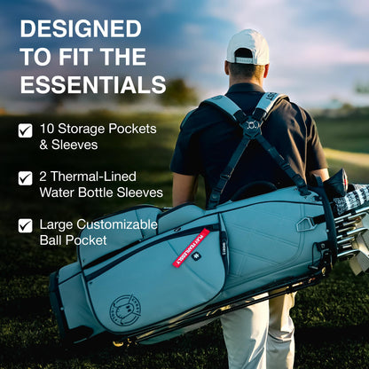 Golfer carrying a golf bag with features highlighted on a golf course.