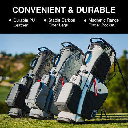 Golf bags on a grassy field with text highlighting features like durable PU leather, stable carbon fiber legs, and magnetic range finder pocket.