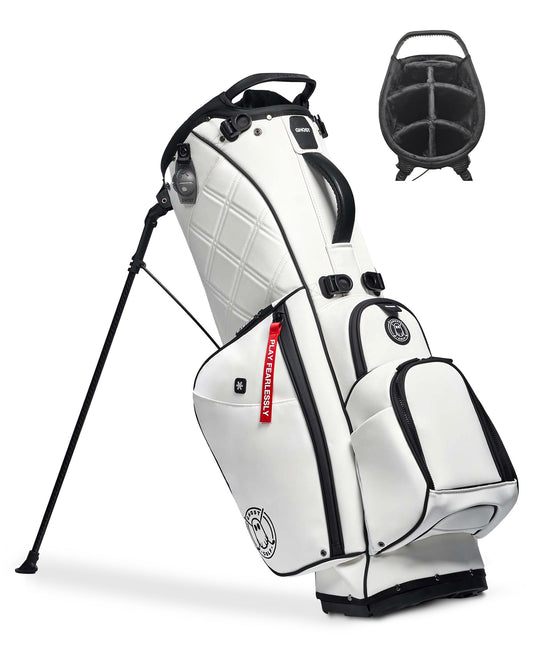 White golf bag with black accents and a visible brand logo on a white background