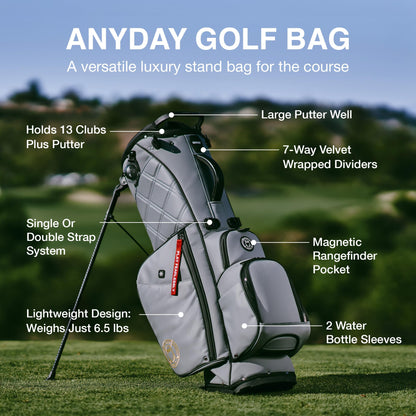 Gray golf bag with features highlighted on a blurred golf course background