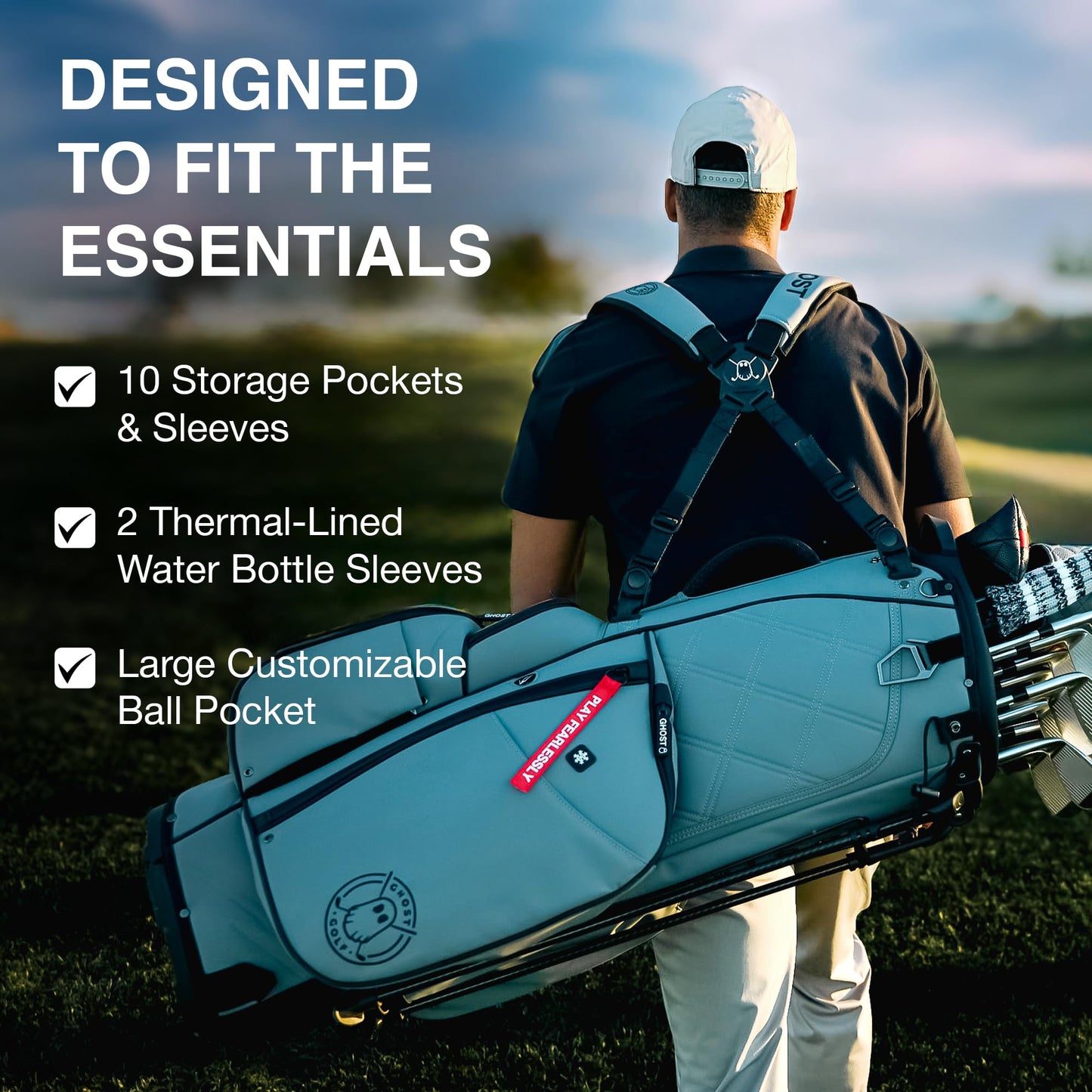 Golfer carrying a golf bag with features highlighted on a golf course.