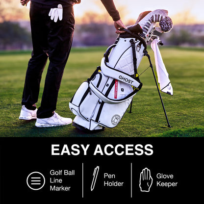 Golf bag with accessories on a golf course, featuring the brand 'Ghost'.