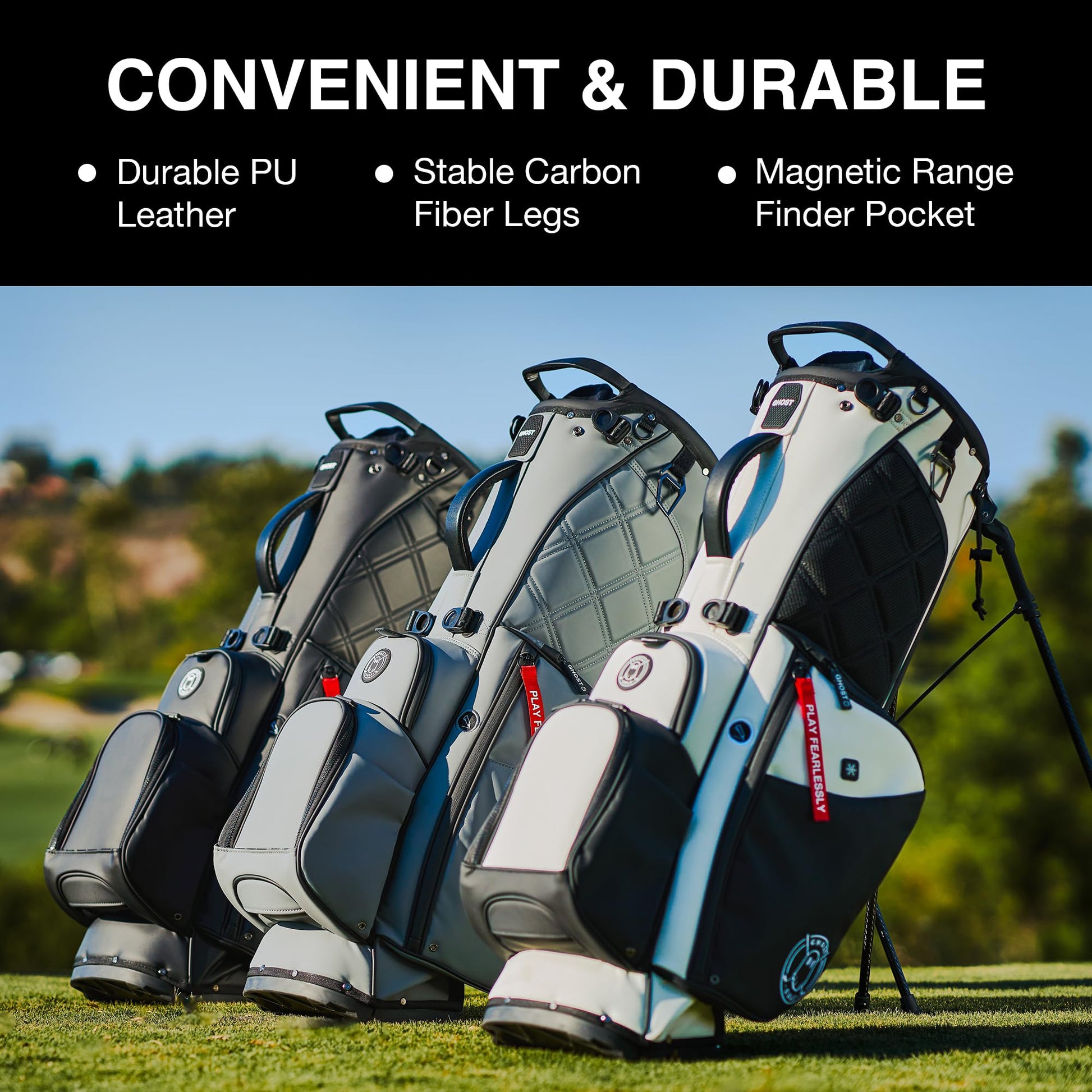 Golf bags on a grassy field with text highlighting features