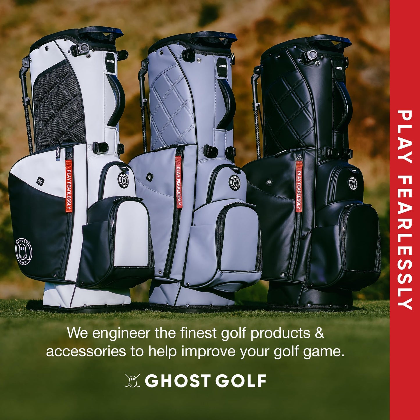Golf bags displayed on a grassy background with Ghost Golf branding.