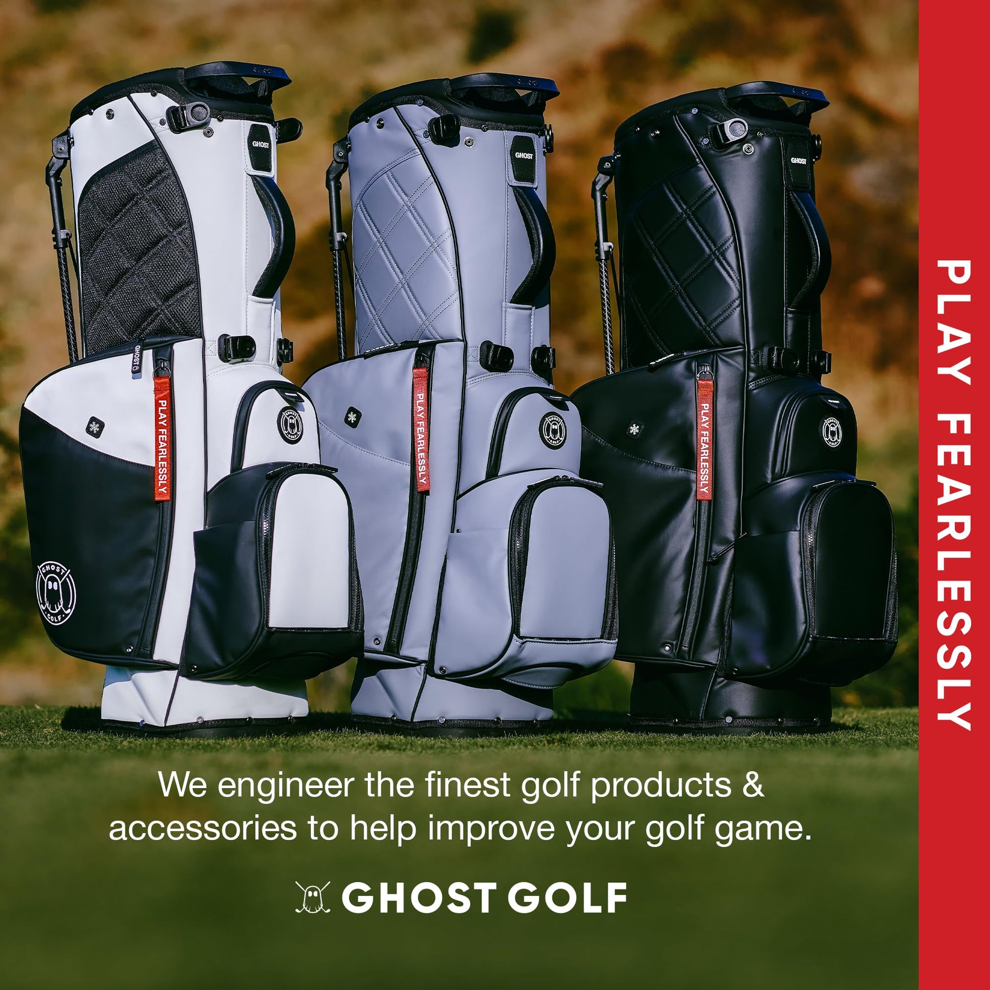 Golf bags displayed on a grassy background with Ghost Golf branding.