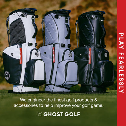 Golf bags displayed on a grassy background with Ghost Golf branding.