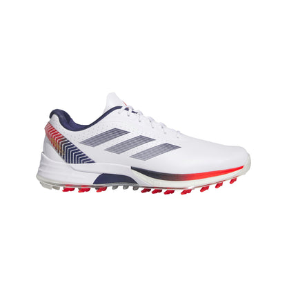 White Adidas golf shoe with red and blue accents on a white background