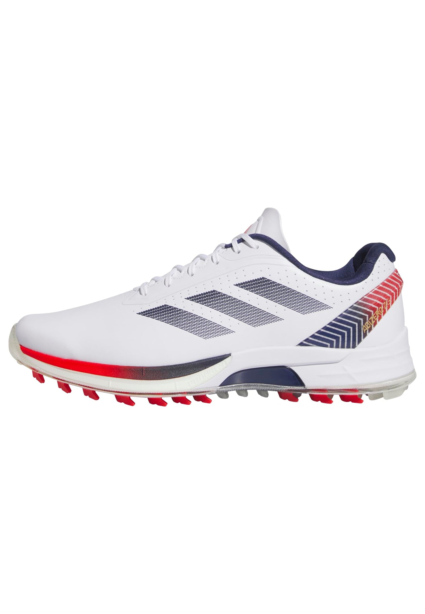 White Adidas golf shoe with red and blue accents on a white background