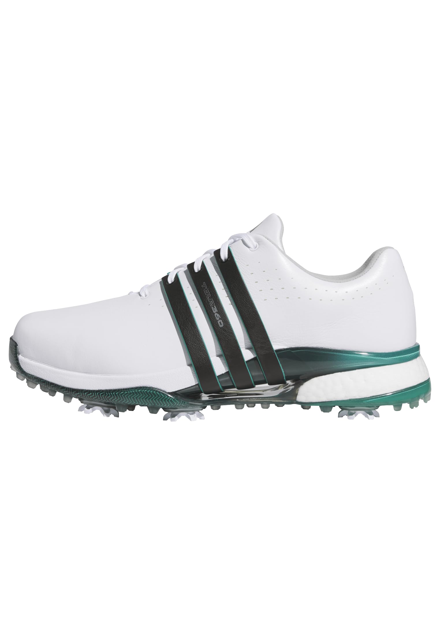 White Adidas golf shoe with black accents on a white background
