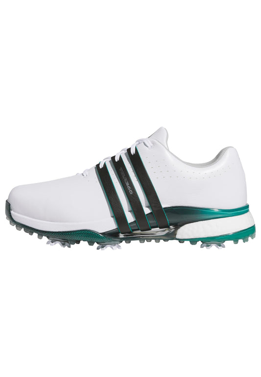 White Adidas golf shoe with black accents on a white background