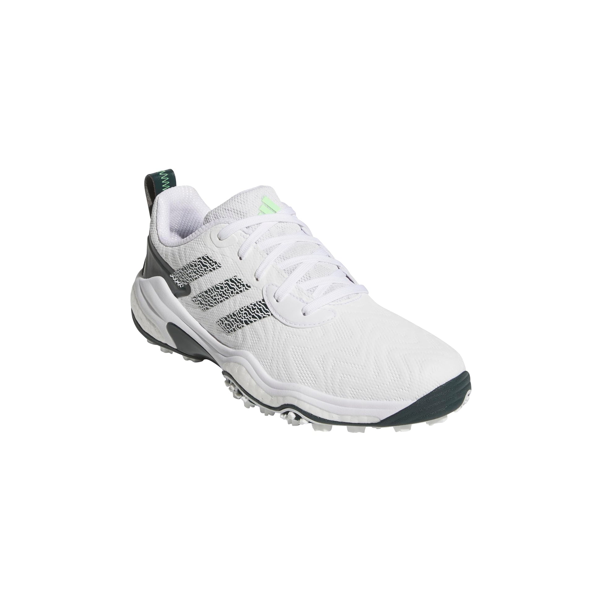 White Adidas golf shoe with black accents on a white background