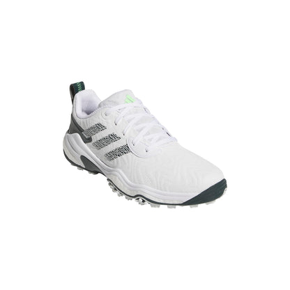 White Adidas golf shoe with black accents on a white background