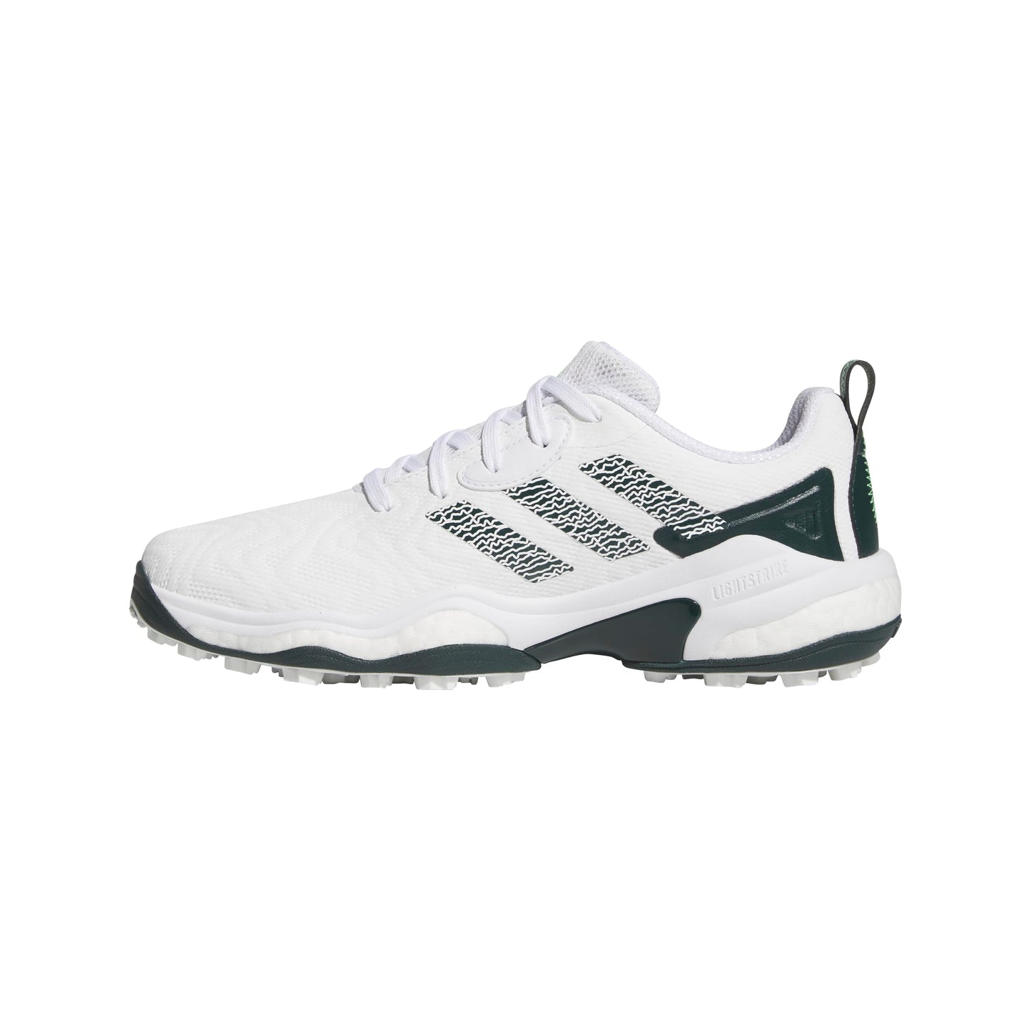 White Adidas golf shoe with black accents on a white background