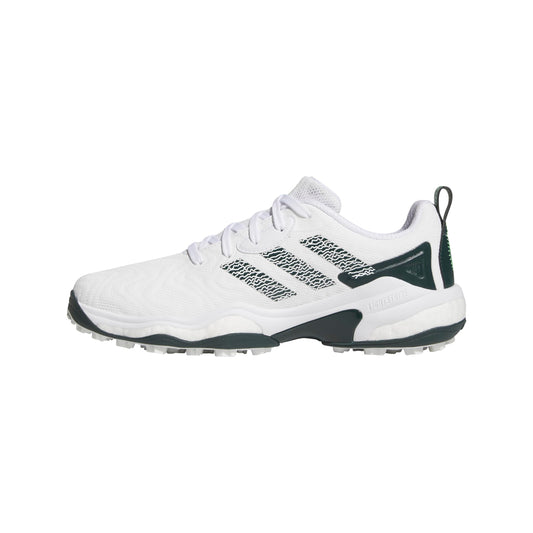 White Adidas golf shoe with black accents on a white background