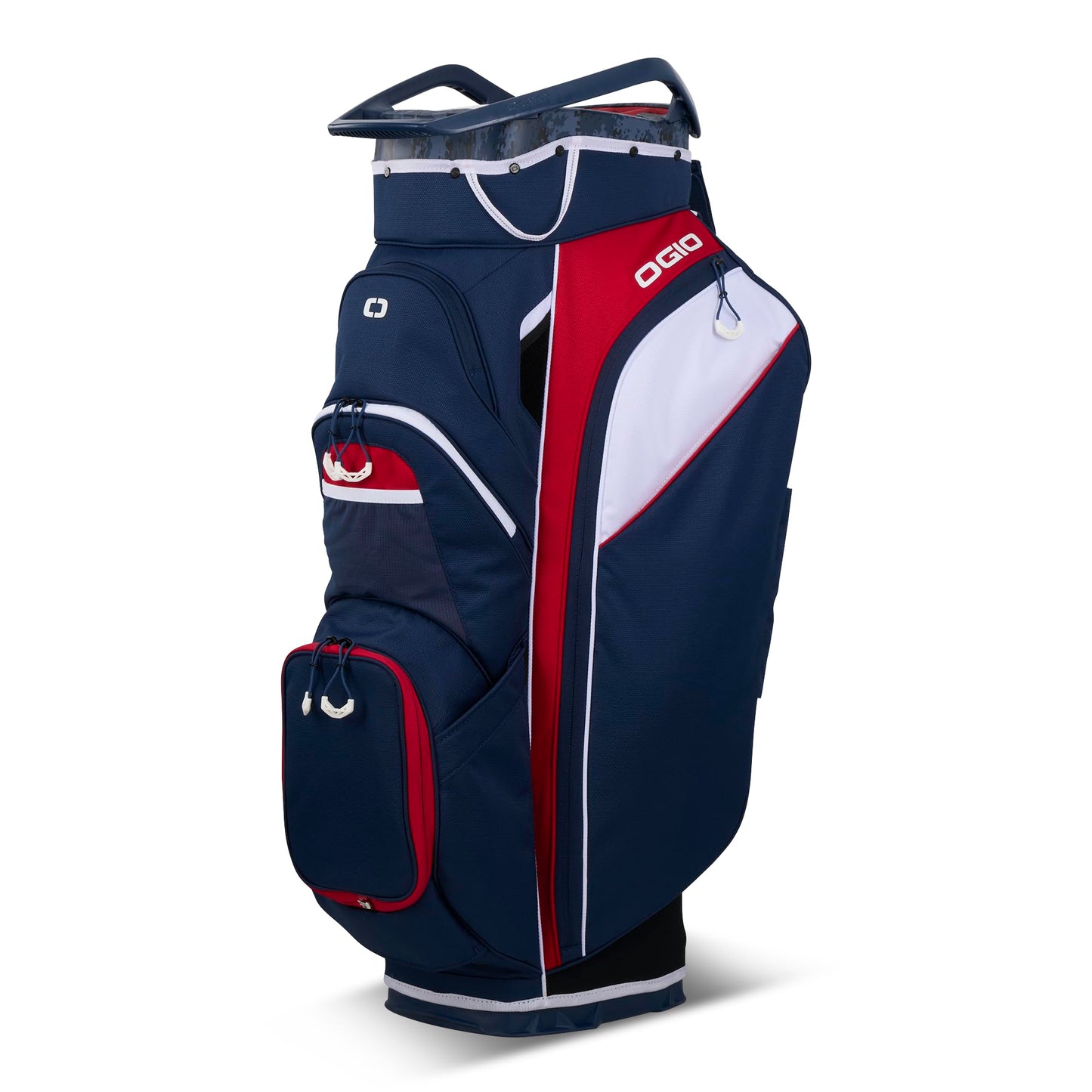 An image of a OGIO 2026 Woode Golf Cart Bag - Red / White / Blue on a white background