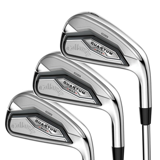 Set of Callaway Quantum Max golf clubs on a white background