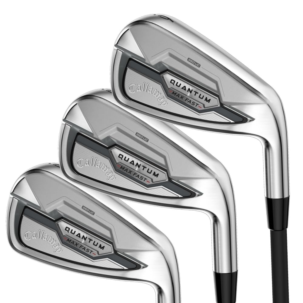Set of golf clubs with 'Quantum' branding on a white background