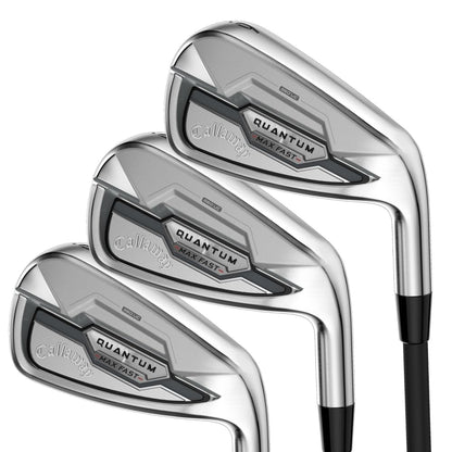 Set of golf clubs with 'Quantum' branding on a white background