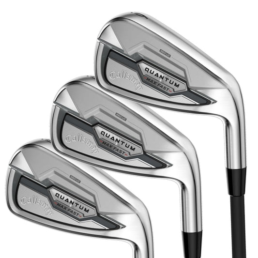 Set of golf clubs with 'Quantum' branding on a white background