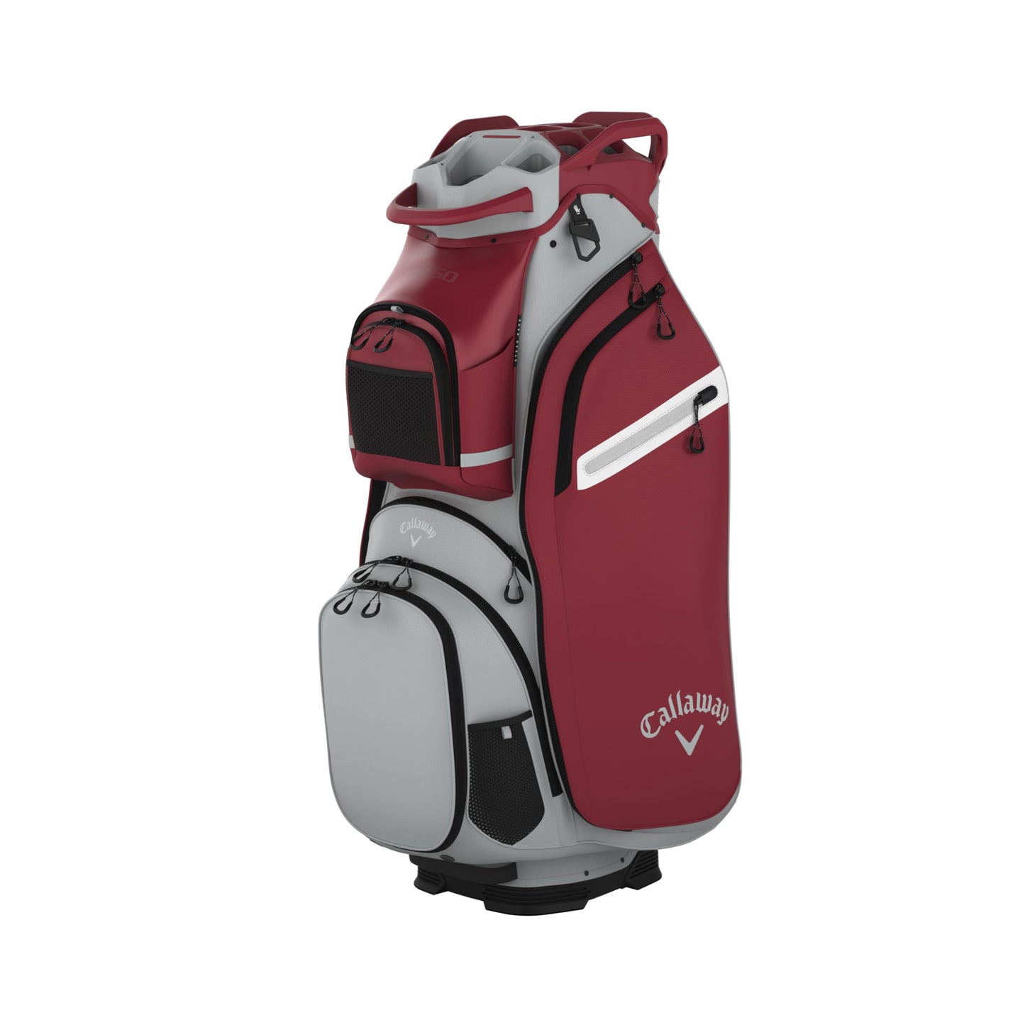 An image of a Callaway 2026 Cargo Golf Cart Bag - Cardinal / Silver on a white background