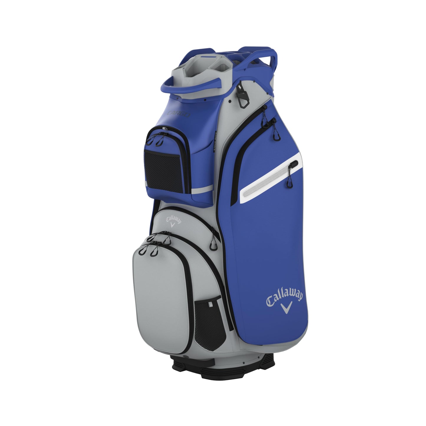 An image of a Callaway 2026 Cargo Golf Cart Bag - Neptune / Silver on a white background