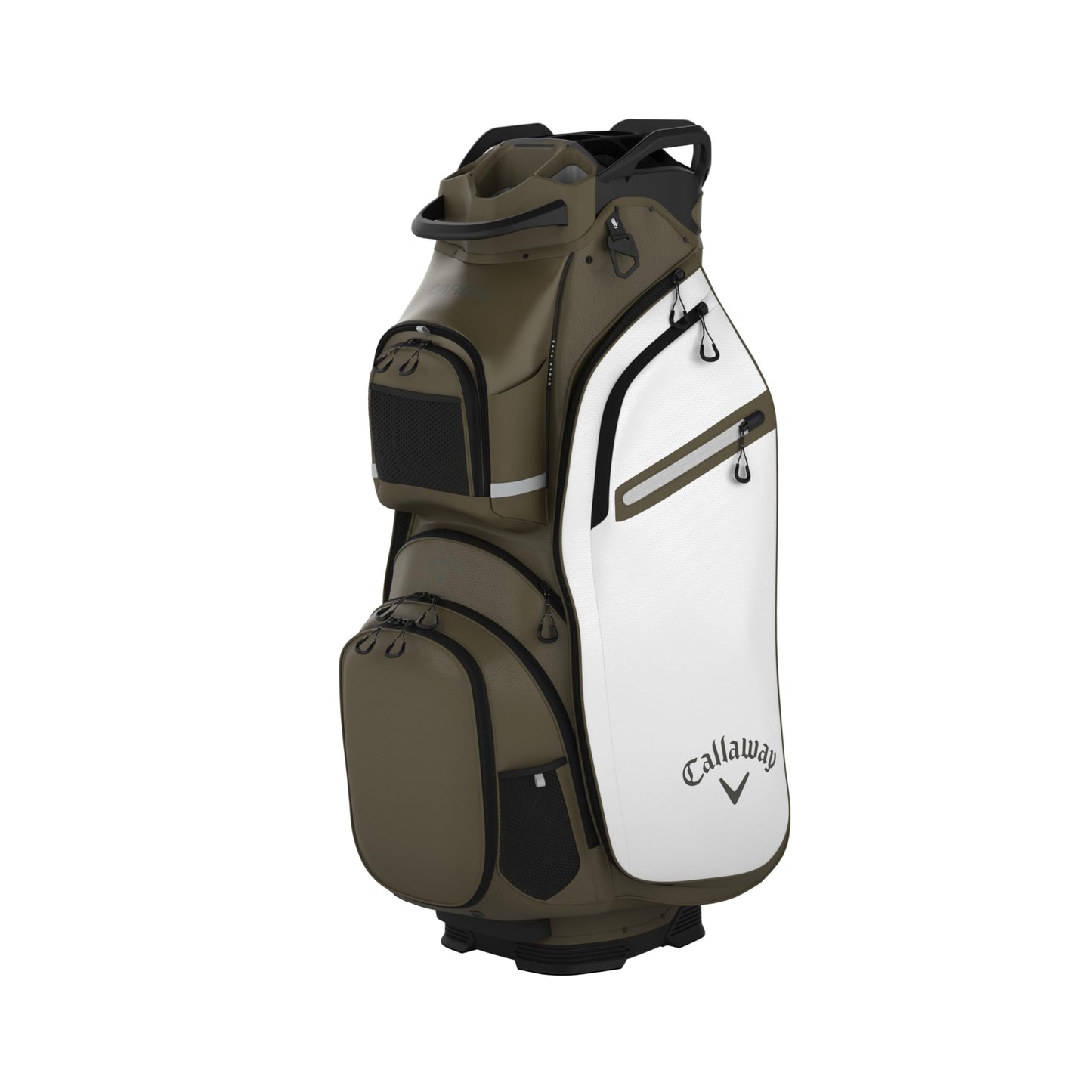 An image of a Callaway 2026 Cargo Golf Cart Bag - Olive / White on a white background