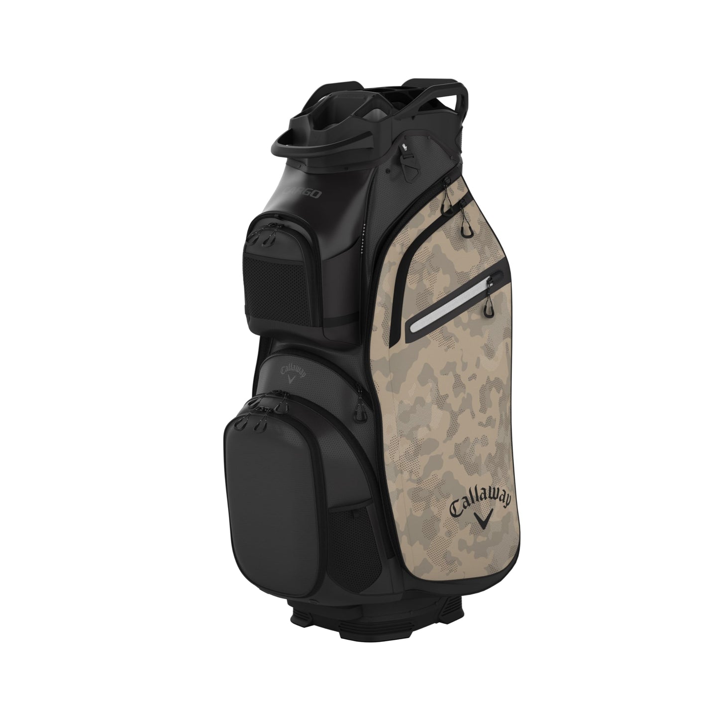 An image of a Callaway 2026 Cargo Golf Cart Bag - Tan / FLD Camo on a white background