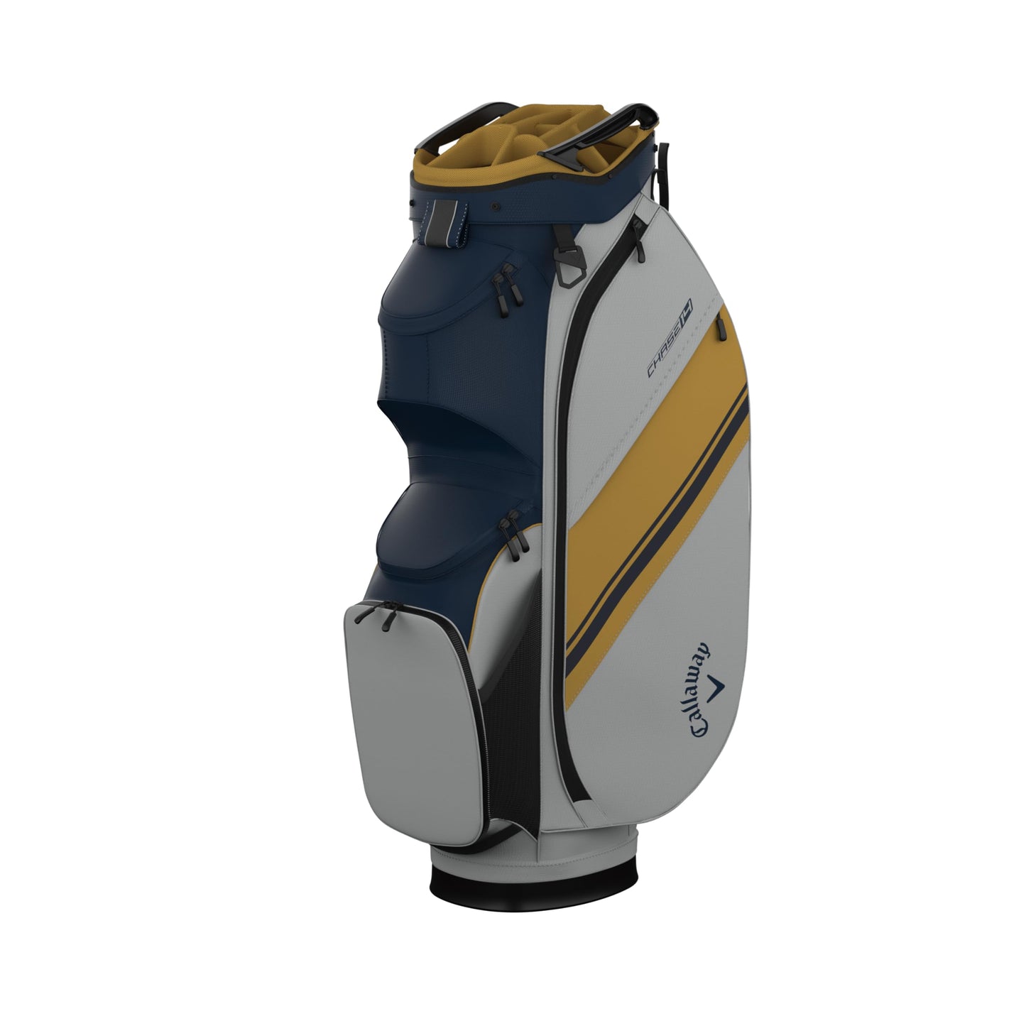 An image of a Callaway 2026 Chase 14 Golf Cart Bag - Navy / Silver / Gold on a white background