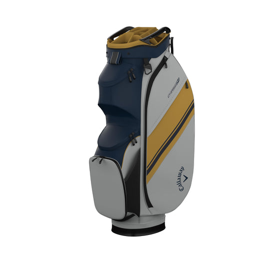 An image of a Callaway 2026 Chase 14 Golf Cart Bag - Navy / Silver / Gold on a white background