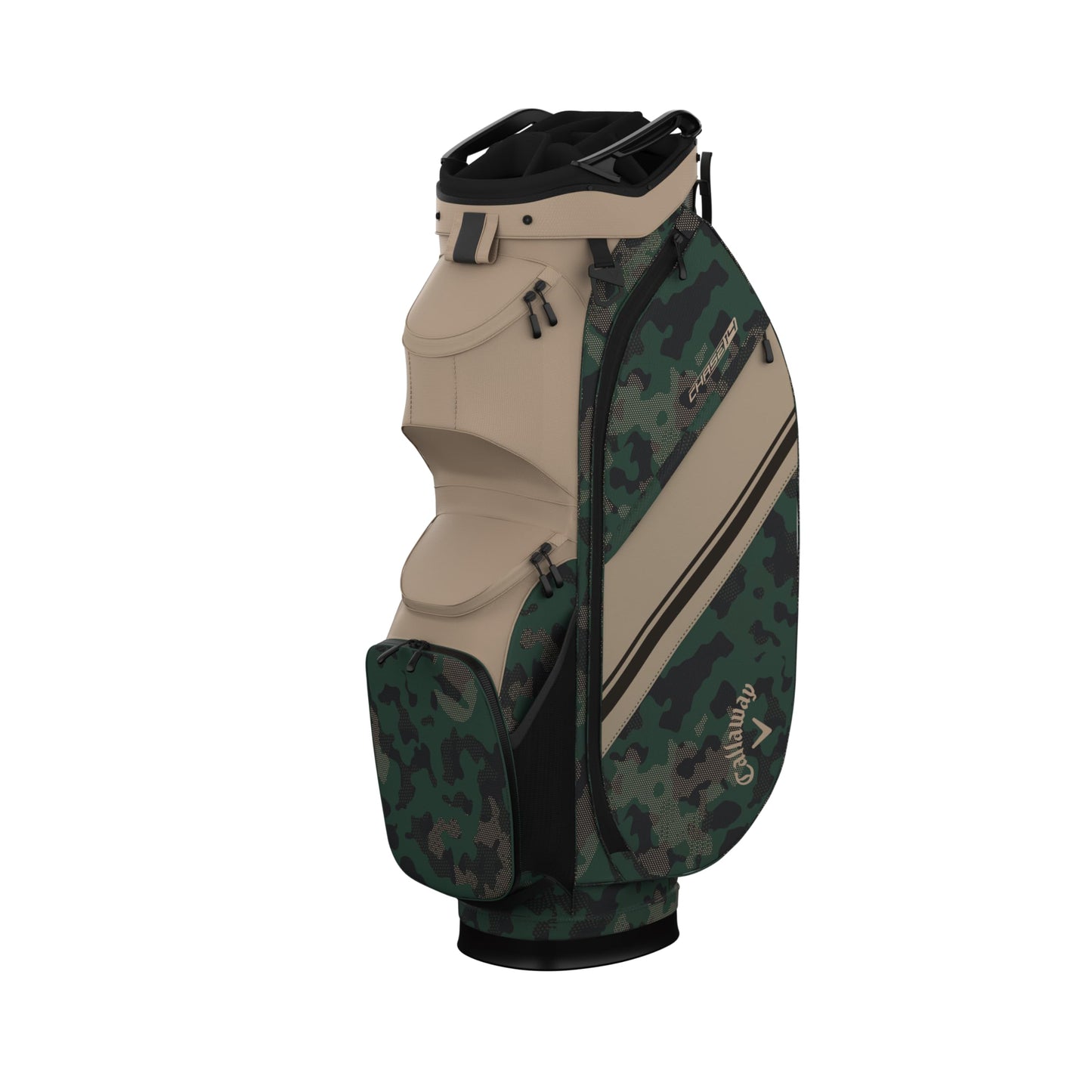 An image of a Callaway 2026 Chase 14 Golf Cart Bag - Tan / Green / FLD Camo on a white background