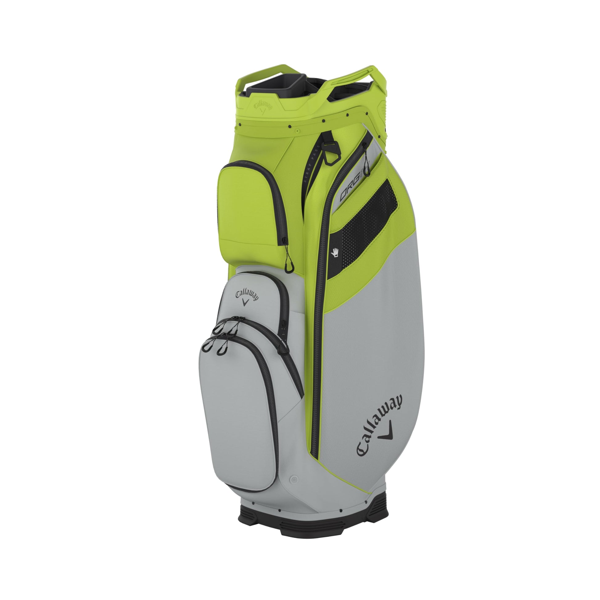 An image of a Callaway 2026 ORG 14 Golf Cart Bag - Lime / Silver on a white background