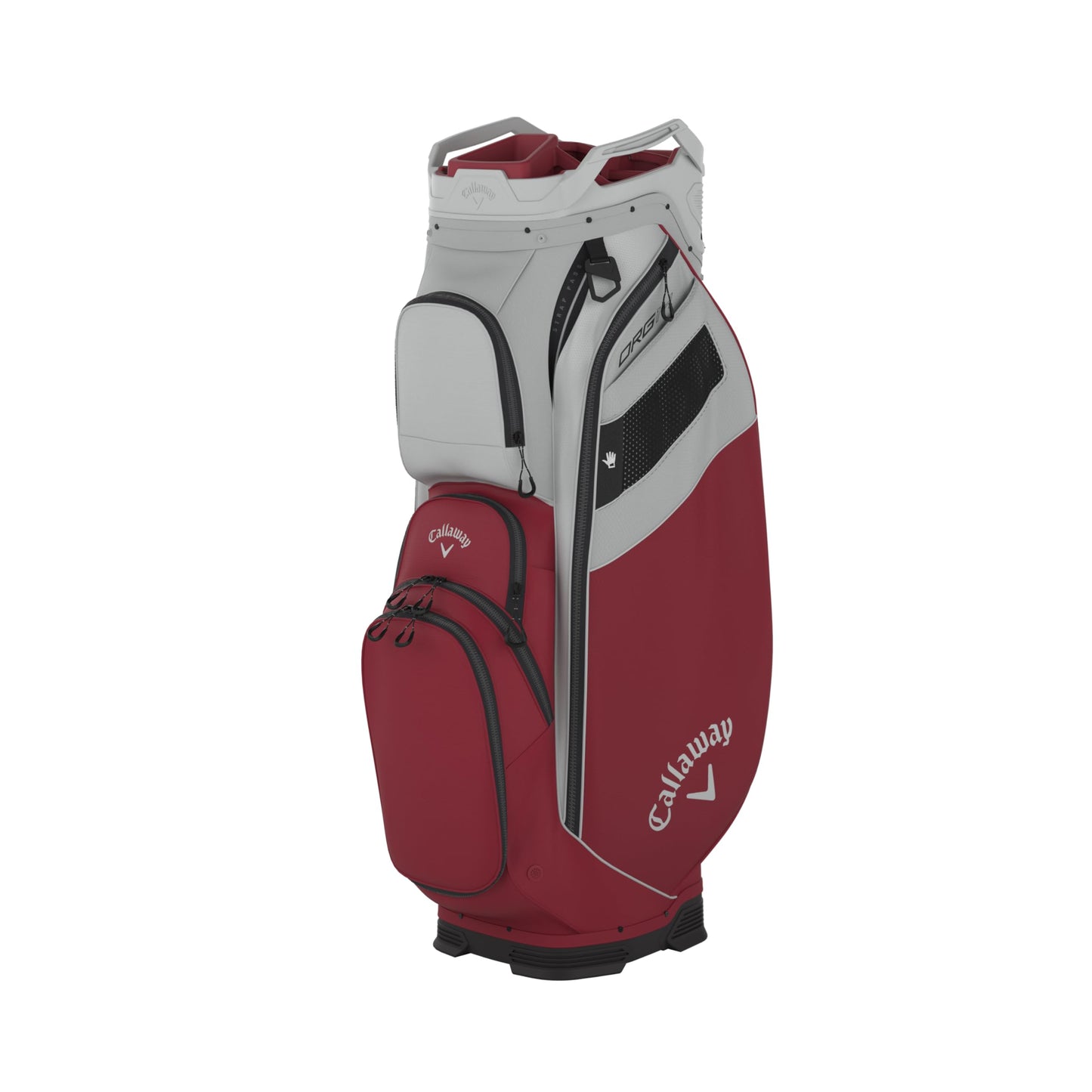 An image of a Callaway 2026 ORG 14 Golf Cart Bag - Silver / Cardinal on a white background