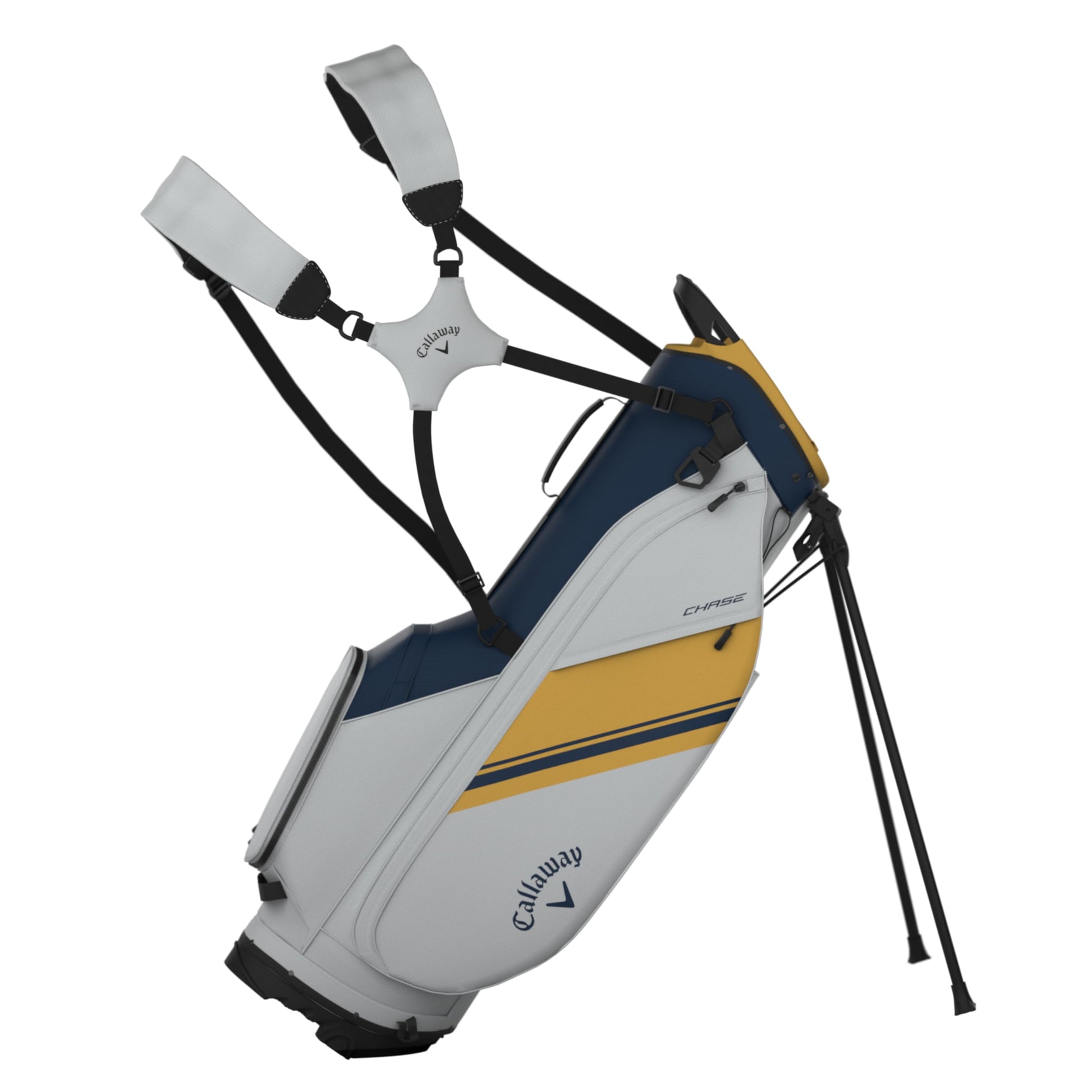 An image of a Callaway 2026 Chase Golf Stand Bag - Navy / Silver / Gold on a white background