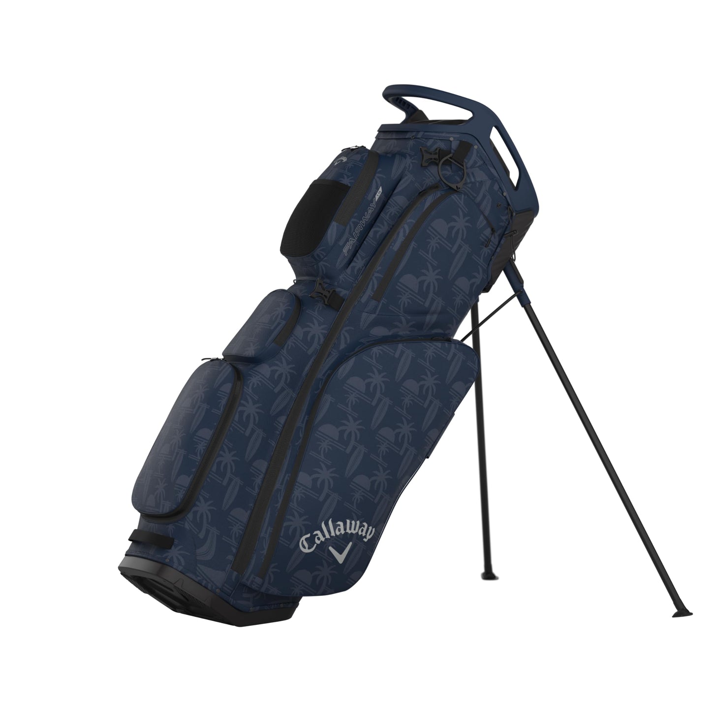 An image of a Callaway 2026 Fairway 14 Golf Stand Bag - Navy / Sunset on a white background