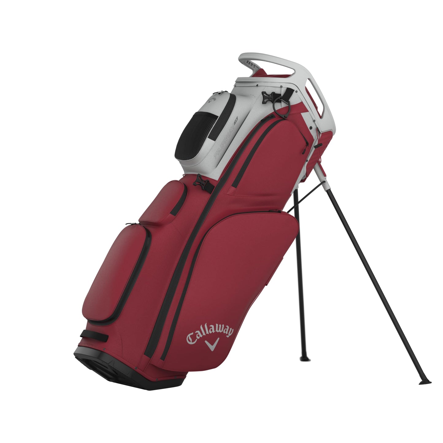 An image of a Callaway 2026 Fairway 14 Golf Stand Bag - Silver / Cardinal on a white background