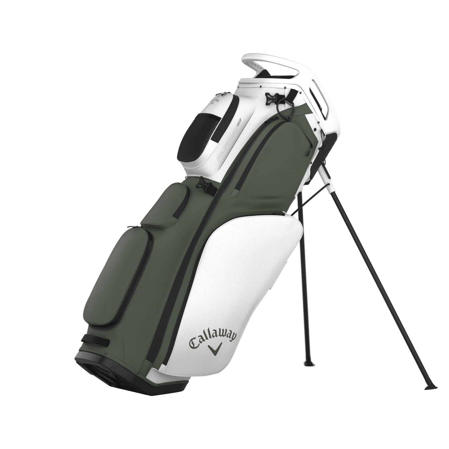 An image of a Callaway 2026 Fairway 14 Golf Stand Bag - White / Jungle on a white background