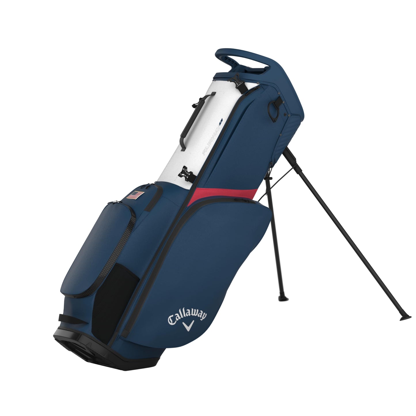 An image of a Callaway 2026 Fairway Plus Golf Stand Bag - White / Marine / Red Flag on a white background