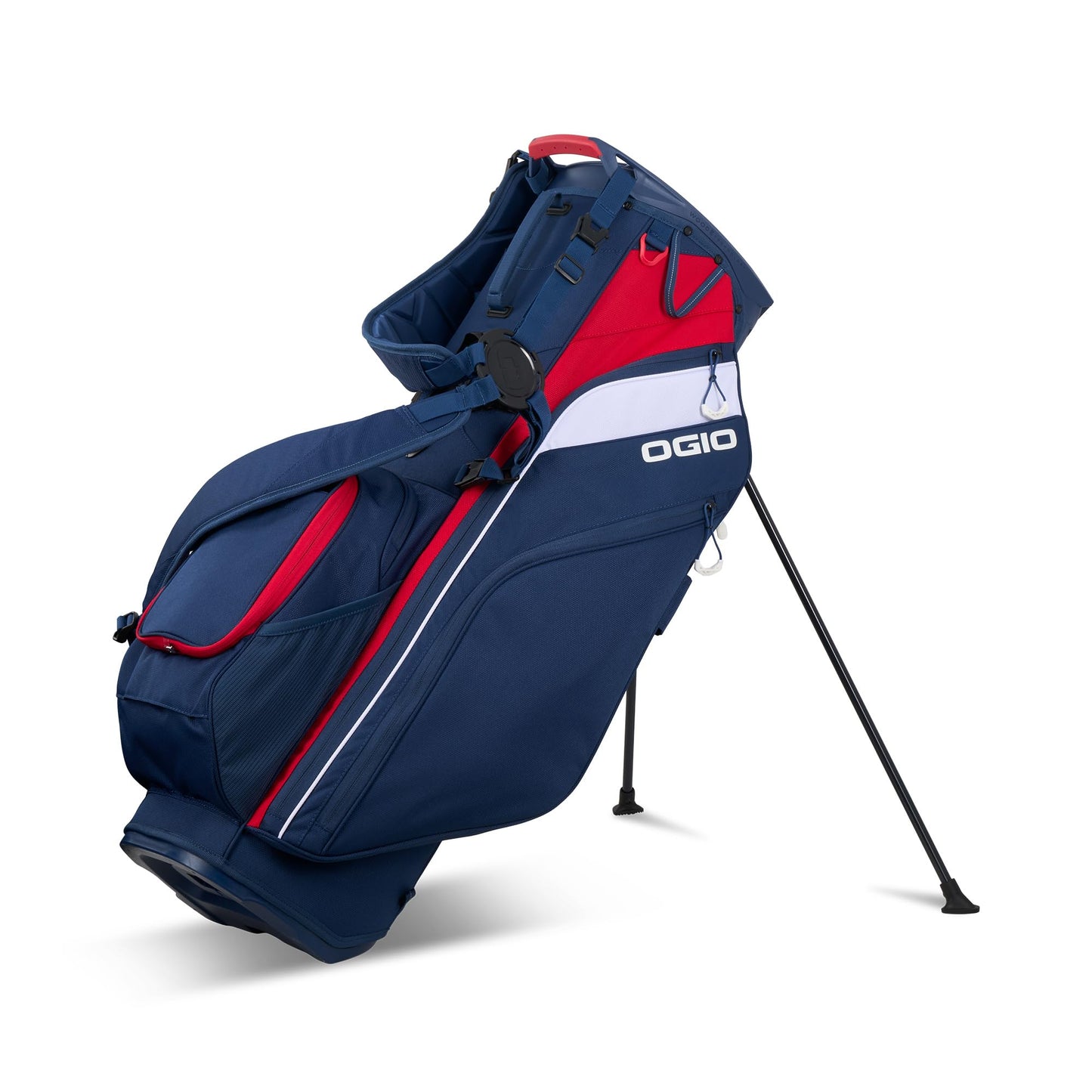 An image of a OGIO 2026 Woode Hybrid Golf Stand Bag - Red / White / Blue on a white background