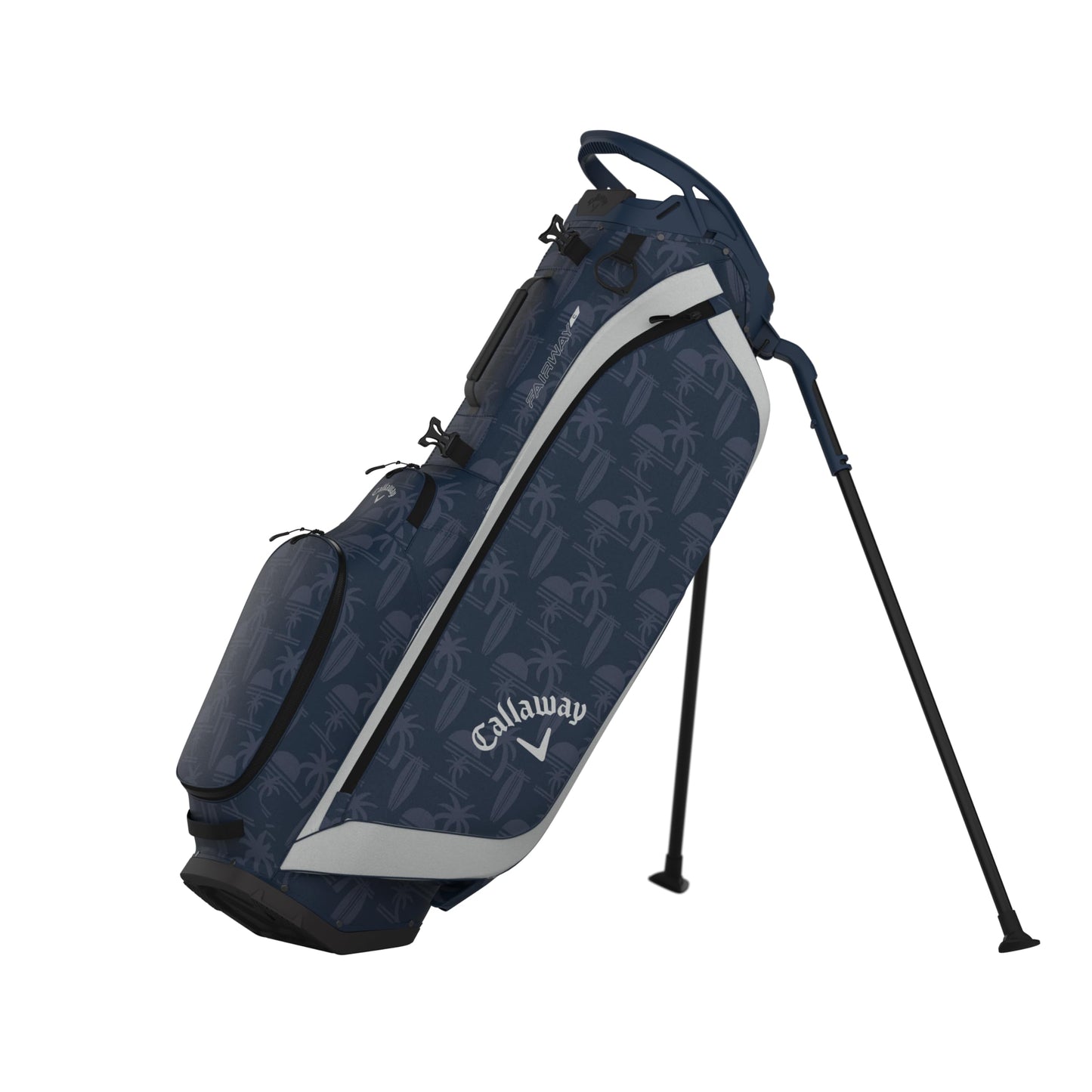 An image of a Callaway 2026 Fairway C Golf Stand Bag - Navy / Sunset Palms / Silver on a white background