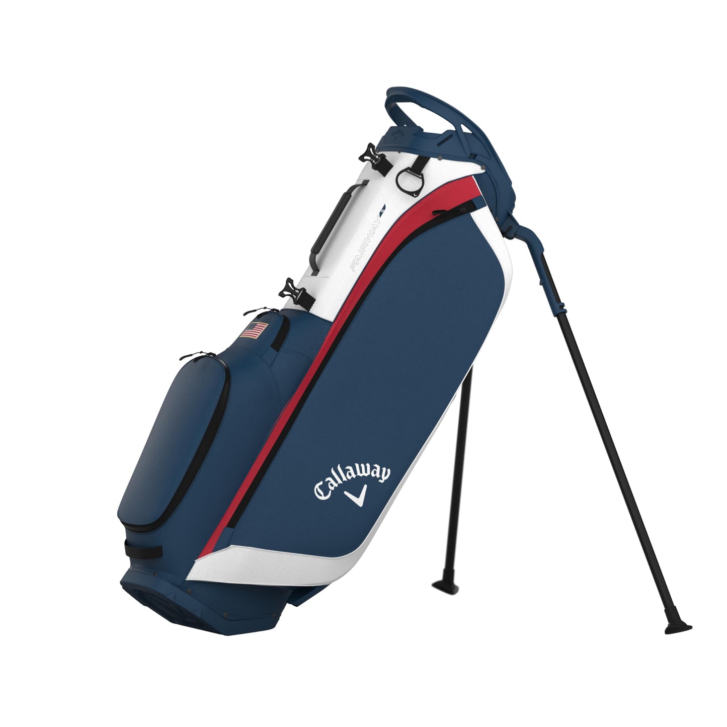 An image of a Callaway 2026 Fairway C Golf Stand Bag - White / Marine / Red / Flag on a white background