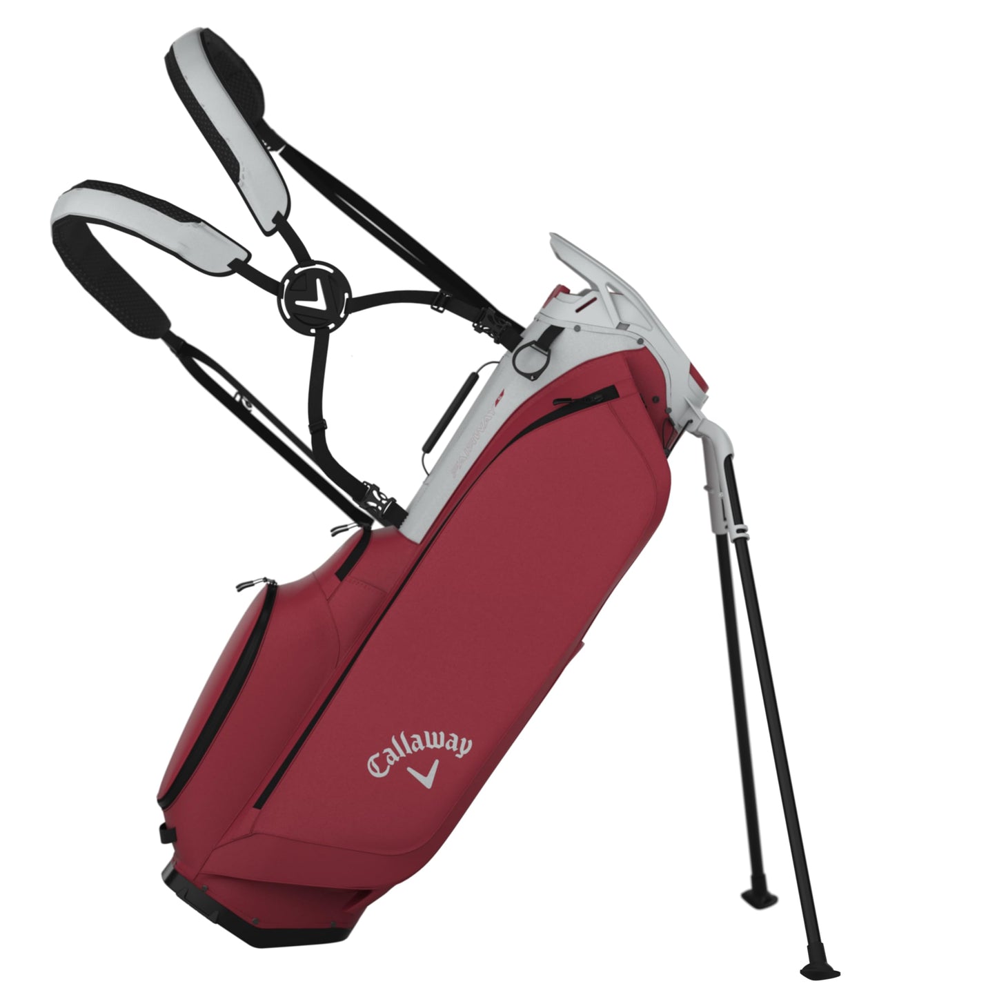 An image of a Callaway 2026 Fairway C Golf Stand Bag - Silver / Cardinal on a white background
