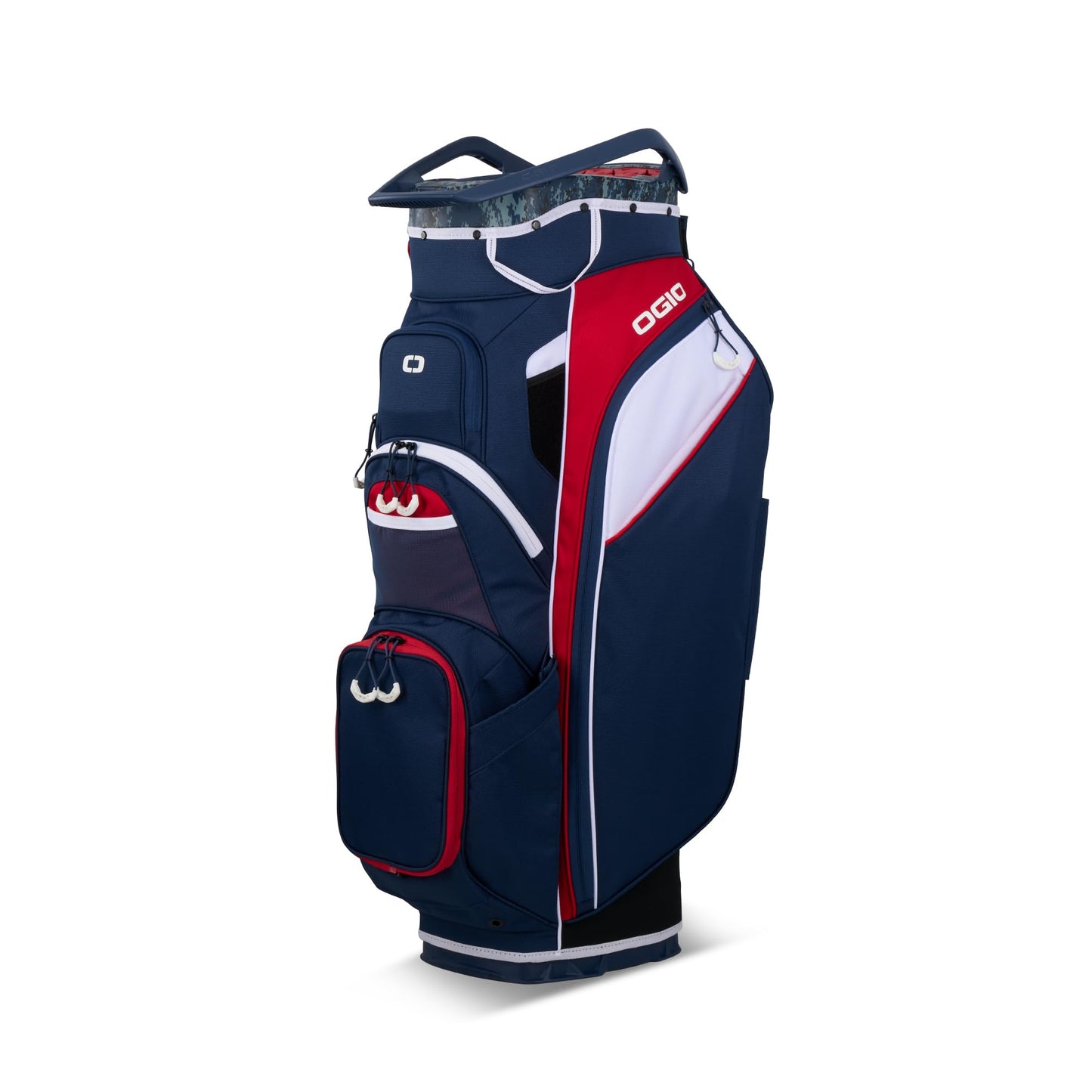 An image of a OGIO 2026 Silencer Golf Cart Bag - Red / White / Blue on a white background