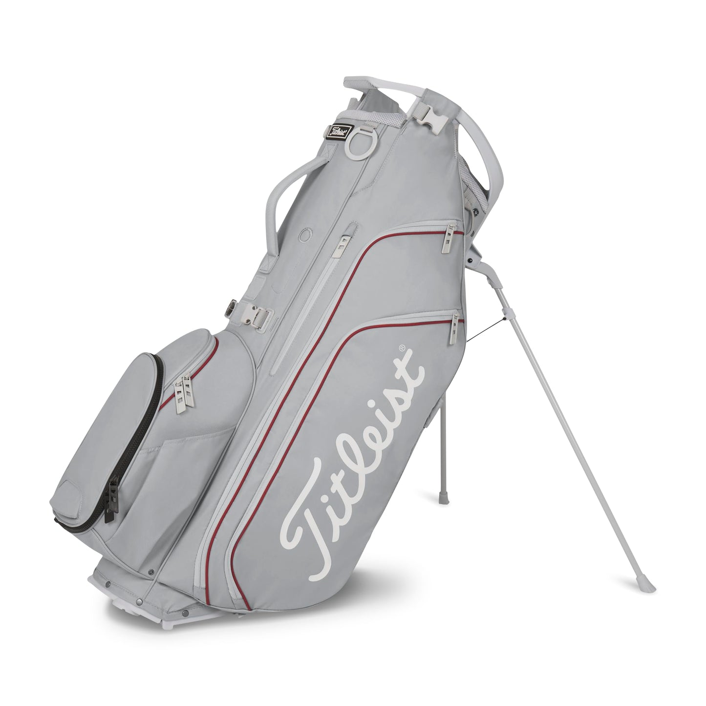 A product image of a Titleist Hybrid 14 Stand Bag - Cool Gray / Crimson / White on a white background