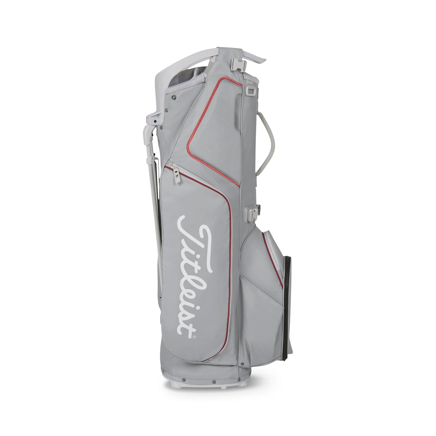 A product image of a Titleist Hybrid 14 Stand Bag - Cool Gray / Crimson / White on a white background